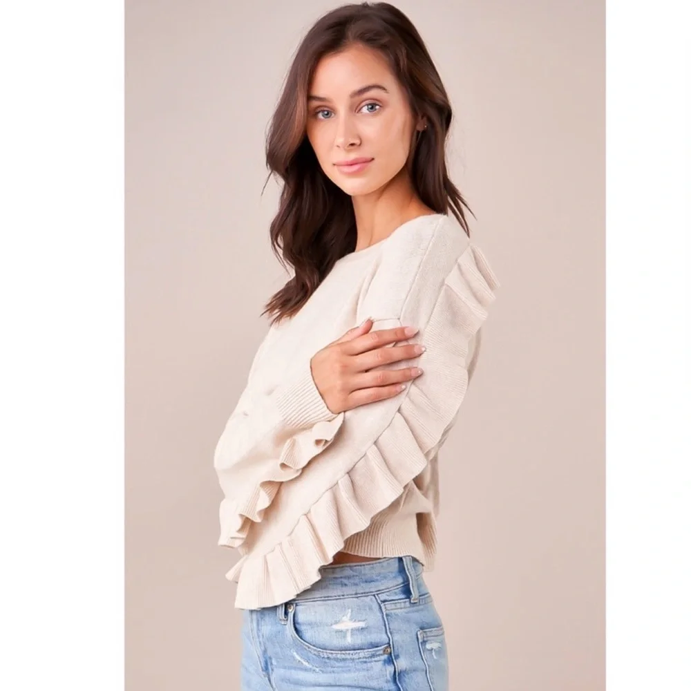 Oatmeal Color Ruffle Detail Sweater - Picture 3 of 6